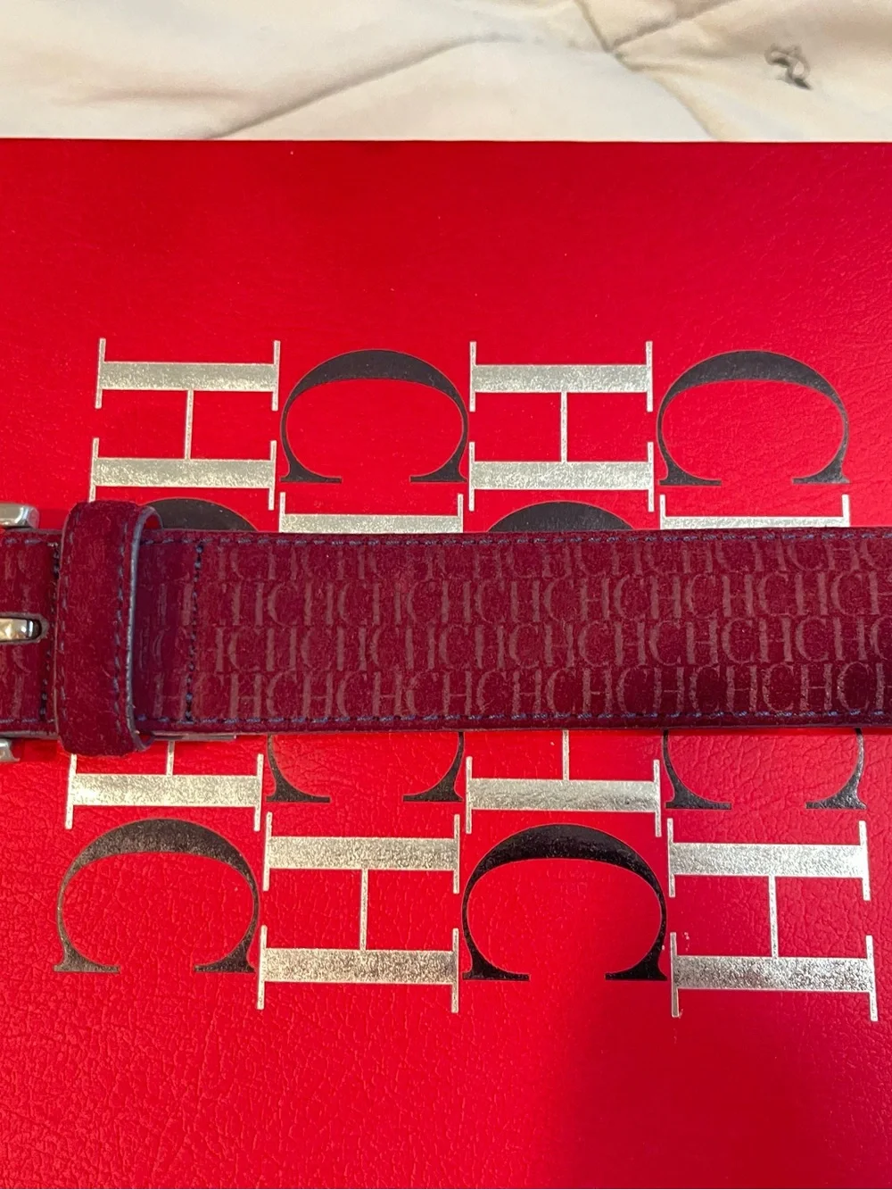 Carolina Herrera Burgundy Suede Logo-Textured Belt